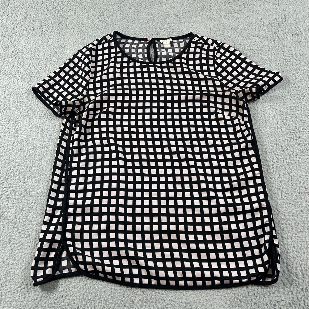 J Crew Shirt Womens Small Black White‎ Geometric Grid Print Short Sleeve